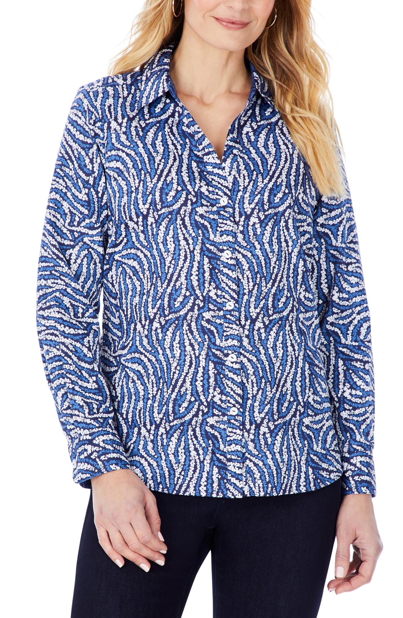 Foxcroft Mary Zebra Floral Non-Iron Shirt - Blue - Size 6 MISS - 194117