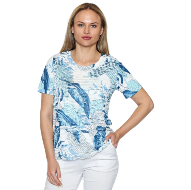 Papa Fashions - Ruched Botanical Short Sleeve Top - Blue - T5964