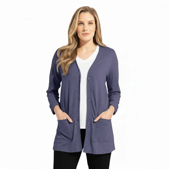 Escape Long Button Front Pocket Cardigan - Navy - 10070