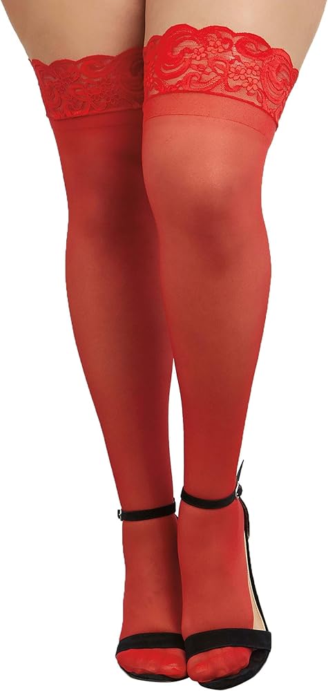 Dreamgirl Red Sheer Thigh-High Stockings Silicone Lace Top - One-Size - 5000