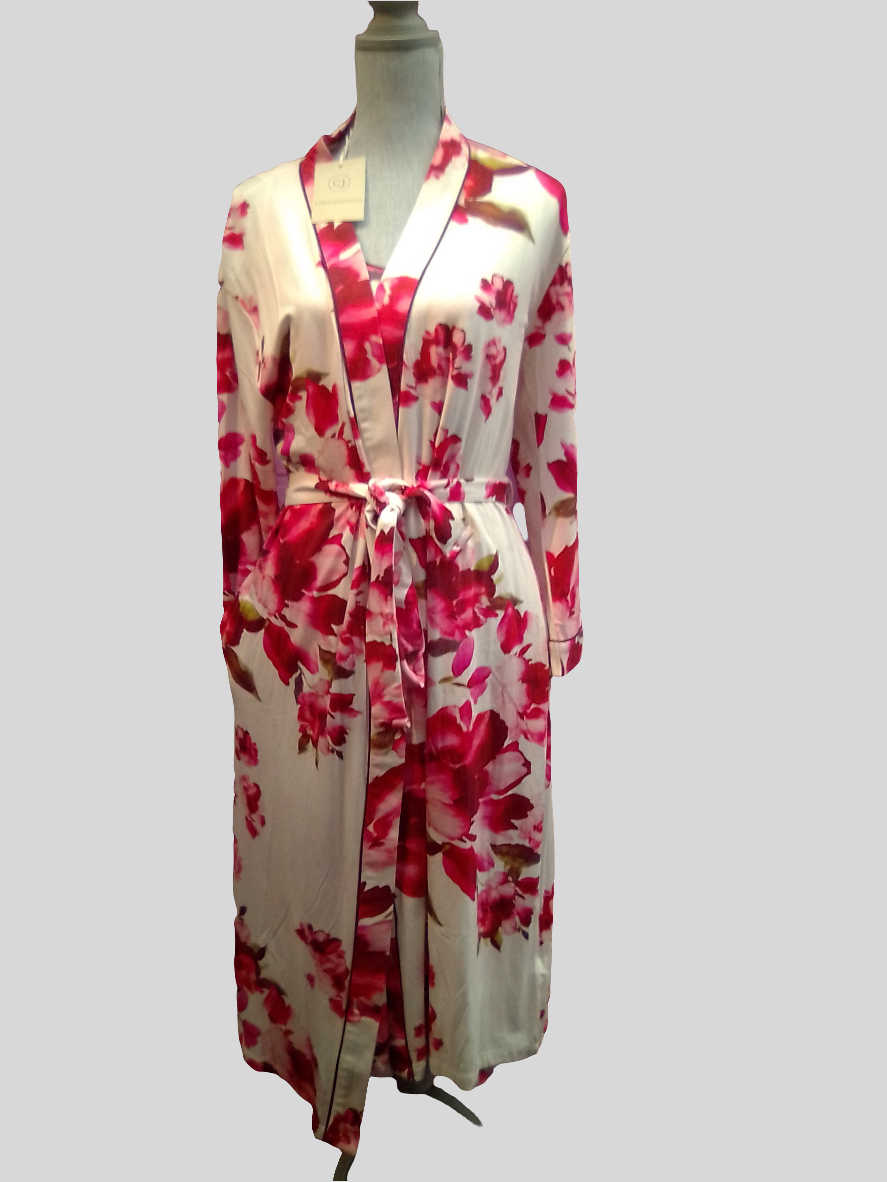 Isabella floral Printed Long Dressing Gown in Ox blood mix. Nora Rose by Cyberjammies