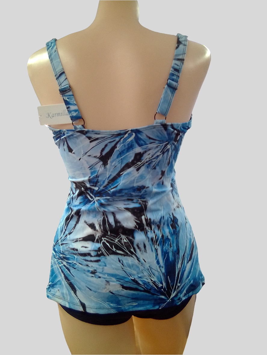Karmilla Tankini top printed with underwire - Black & Blue - Size 12 - T20-421