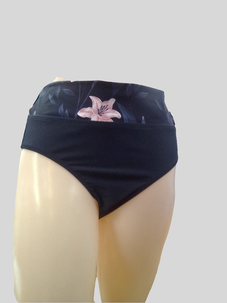 Black Sand floral Banded Fold Over Bikini Bottom - Black - 12SP23-B1