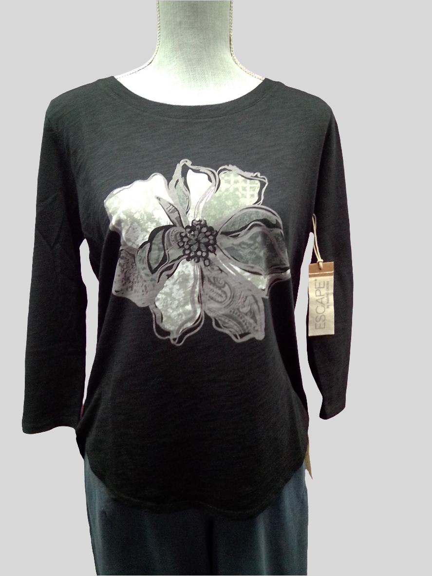 Escape High-Low Tee with Decoupage Flower - Black
