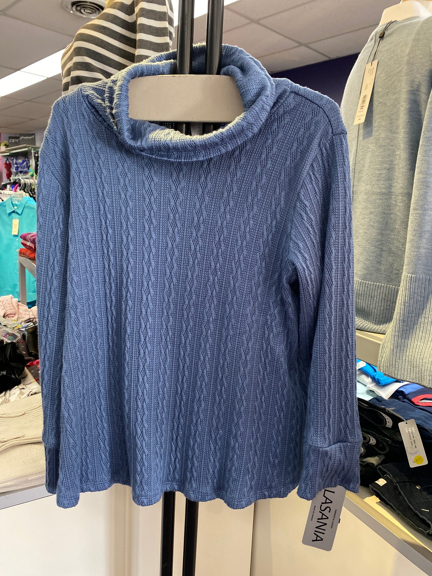Blue Knit Cowl Neck Sweater
