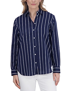 Foxcroft Boyfriend Stretch No Iron Striped Tunic Top - XL - Navy - 201863