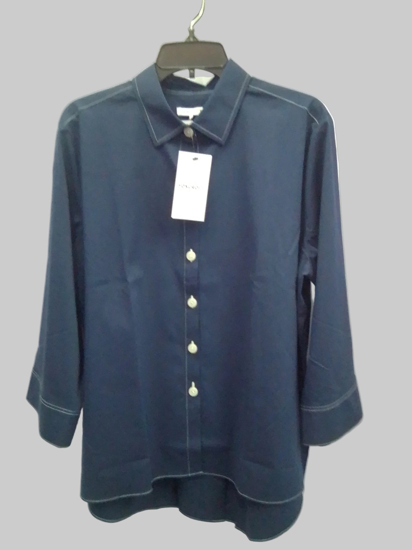 Foxcroft, Kelly Stretch No Iron Contrast Stitch 3/4 Sleeve Shirt - Navy - 200634