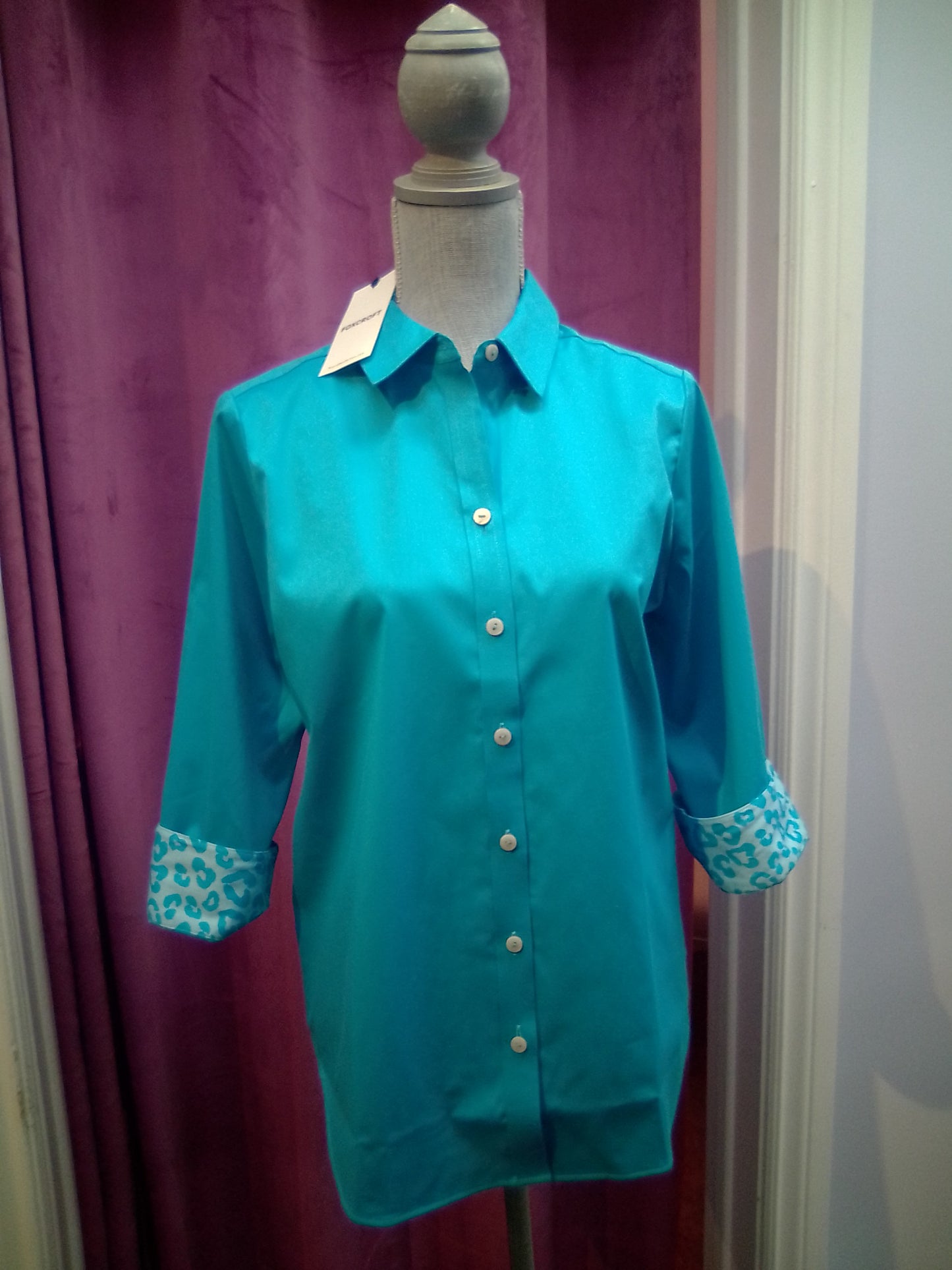 Foxcroft Turquoise Button-Up Shirt with Patterned Cuffs