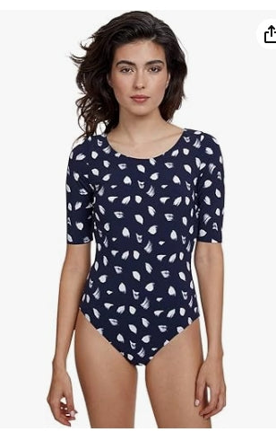 Gottex Modest Round Neck Short Sleeve One Piece Swimsuit - Size S - Navy/White - 2GTM295