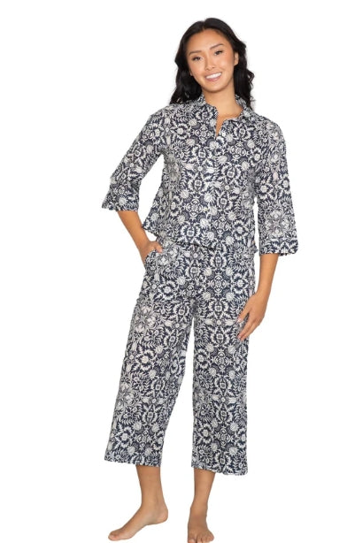 Lattelove Drop shoulder 3/4 shirt & capri set - Navy Mosaic - LW12WS375