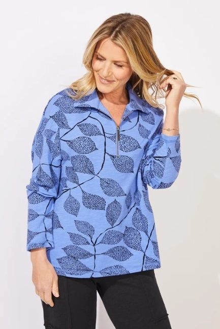 Escape by Habitat Baja Blue Leaf Print Quarter Zip Pullover - E96112