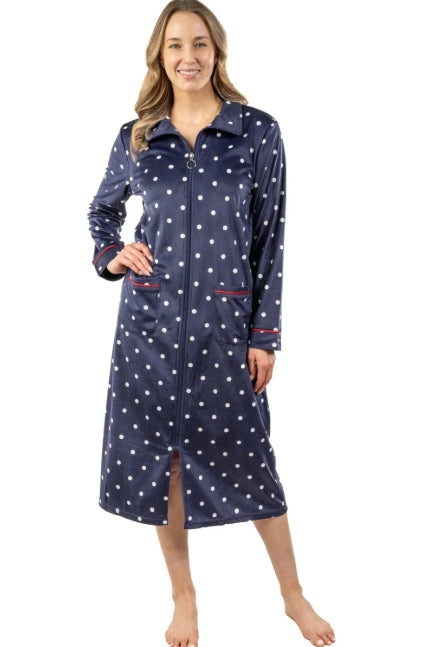 Patricia Silky Velvet Zip Front Robe - Navy White - 122-C