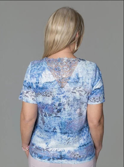 Papa Fashion Short Sleeve Top With Lace Back - Blue - XXL - T5961