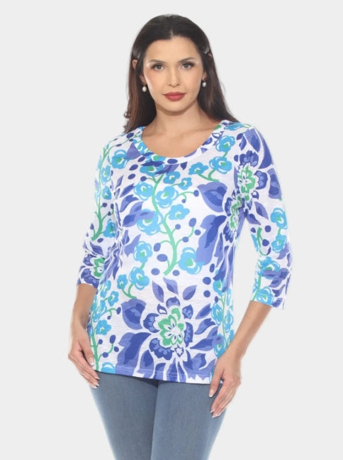 Tango Mango Floral Print Round Neck Top - Blue Teal - T-6878 6561