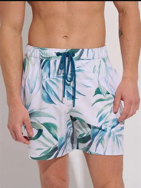 Everyday Sunday Men's Tropical Swim Shorts - White Leafs - ESBEAM01006