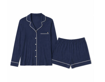 Longe Sleeve Notch Collar Top & Short Set - Navy - LW09KS042