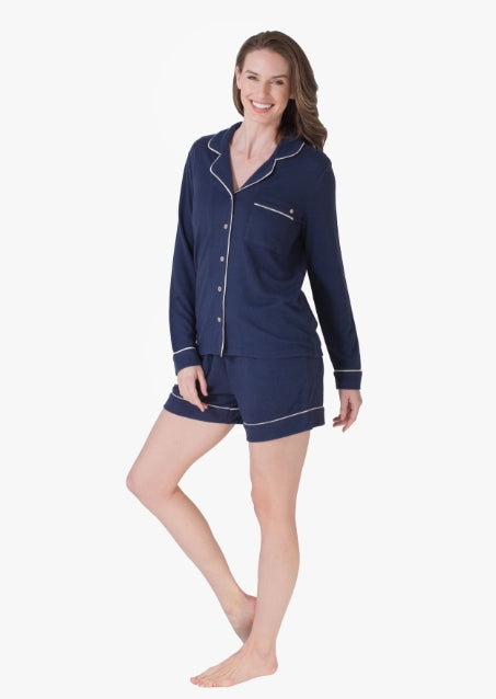 Longe Sleeve Notch Collar Top & Short Set - Navy - LW09KS042