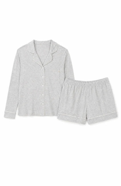 Longe Sleeve Notch Collar Top & Short Set - L - Gray - LW09KS042