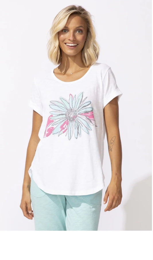 Escape by Habitat "Impressionist Sunflower" Cuff Sleeve Hi-Lo Tee - 52634