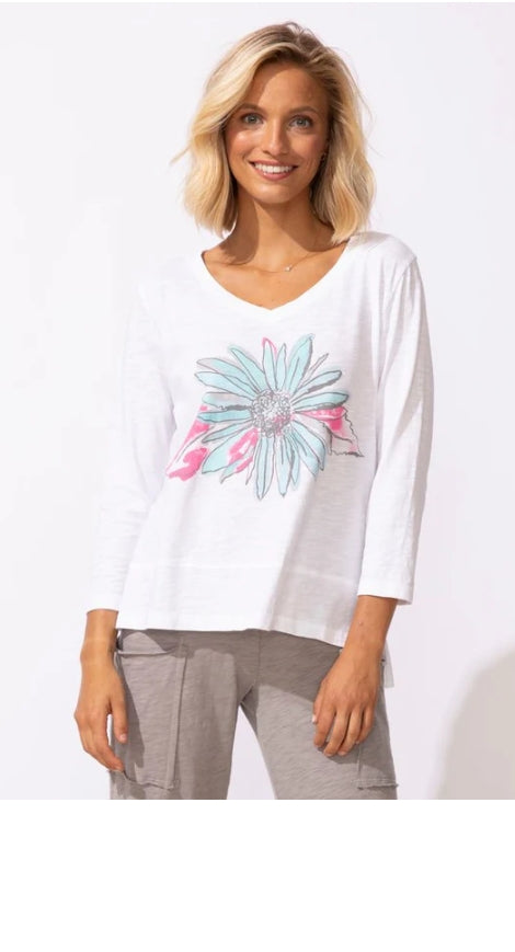Escape by Habitat "Impressionist Sunflower" 3/4 Easy V Tee - E52641