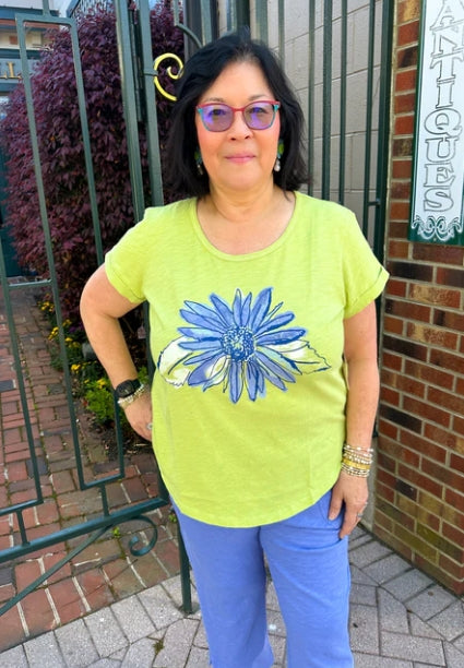 Escape by Habitat "Impressionist Sunflower" Cuff Sleeve Hi-Lo Tee - 52634