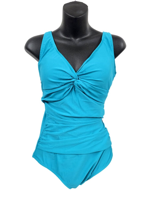 Black Sand Pleated Cross V-Neck One-Piece Swimsuit - Aqua - BS-P2