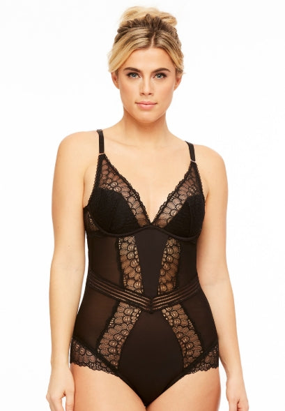 Montelle Afterdark Underwire Lace and Chiffon Bodysuit - XL - Black - 9079