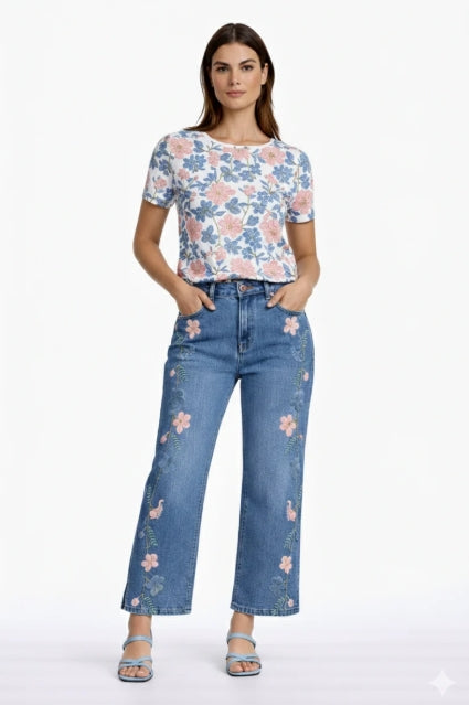 Carreli Jeans Bleach Wash Premium Denim Ankle Kick Flare with Embroideries PR-95