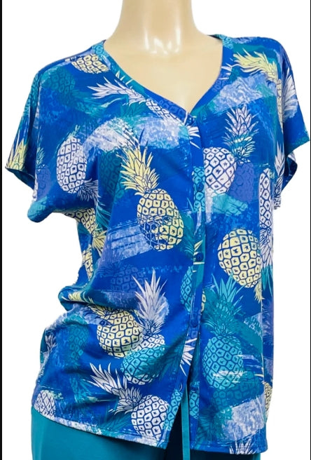 Cool Girl Mai Tai Button Down Top in Blue Pineapple - C325106