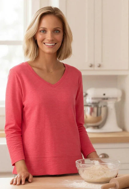 ESCAPE - EASY V NECK 3/4 SLEEVES COTTON TEE - 10041
