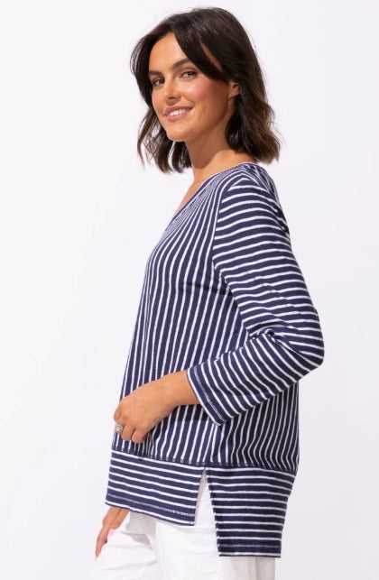 ESCAPE - SANTA BARBARA STRIPE EASY V NECK TEE - 23542