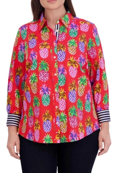 Foxcroft Zoey Pineapple Button-up Shirt - Red/multi - 200725