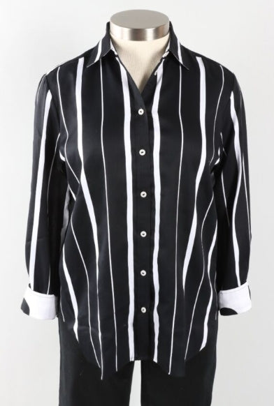 Foxcroft Striped Boyfriend Button-Up - Medium - Black/White Shirt - 202449