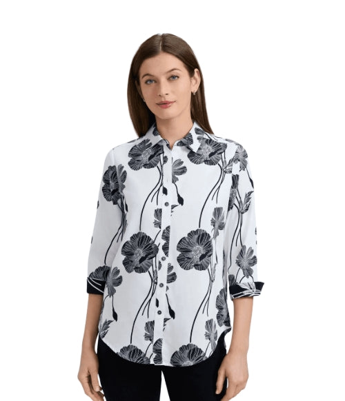 Foxcroft Margie Poppy 3/4 Sleeve Shirt - Black/White - 203723