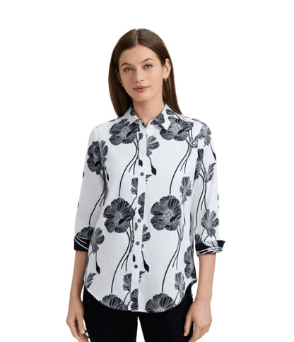 Foxcroft Margie Poppy 3/4 Sleeve Shirt - Black/White - 203723