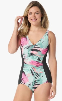 Gabar Chlorine Resistant V Neck One-Piece Swimsuit - Blk Multi - G8Q434 004