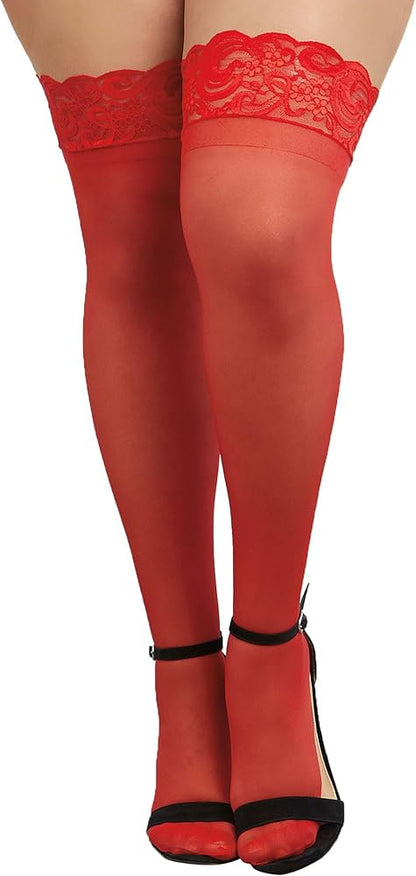 Dreamgirl Red Sheer Thigh-High Stockings Silicone Lace Top - One-Size - 5000