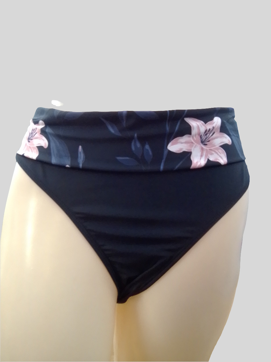 Black Sand floral Banded Fold Over Bikini Bottom - Black - 12SP23-B1