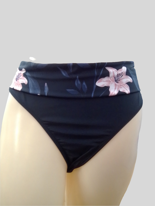 Black Sand floral Banded Fold Over Bikini Bottom - Black - 12SP23-B1