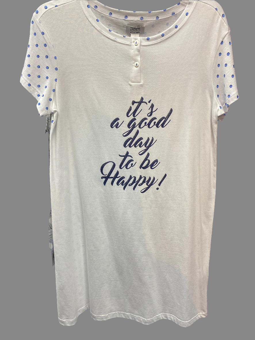 Linclalor Polka Dot Sleeve Motivational T-Shirt Nighty - White - 74541