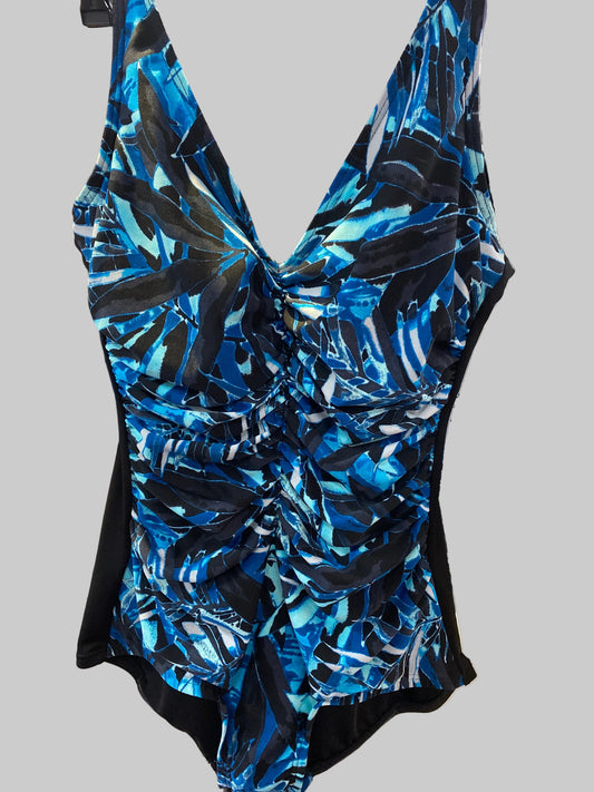 Blue Floral Ruched V Neck One-Piece Swimsuit - Size 8 - G7E240